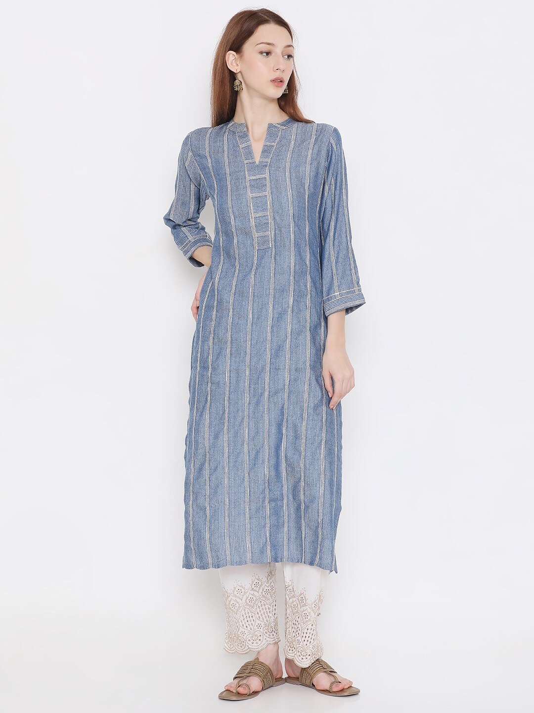 

PRESENT CREATION Striped Mandarin Collar Pure Cotton Straight Kurta, Blue