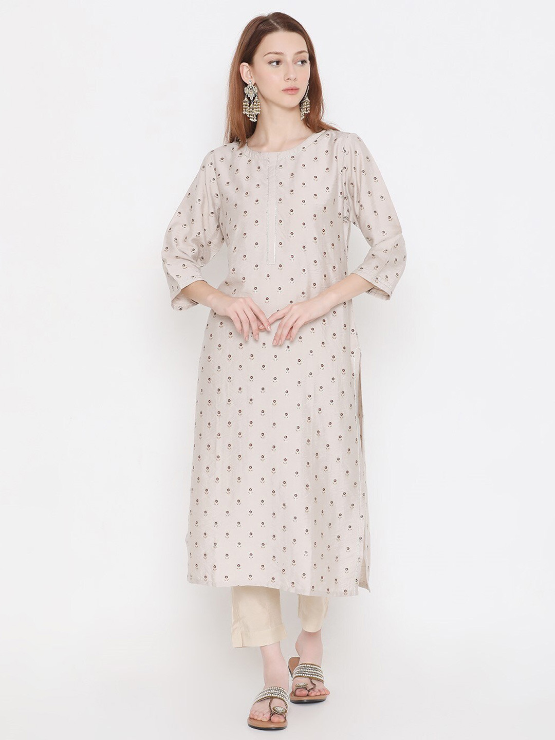

PRESENT CREATION Floral Printed Pure Cotton Straight Kurta, Taupe