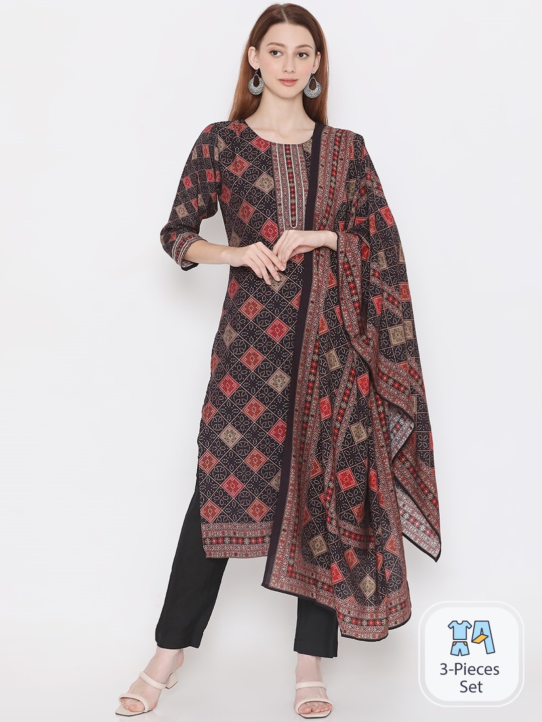 

PRESENT CREATION Bandhani Printed Pure Cotton Straight Kurta & Trousers With Dupatta, Black