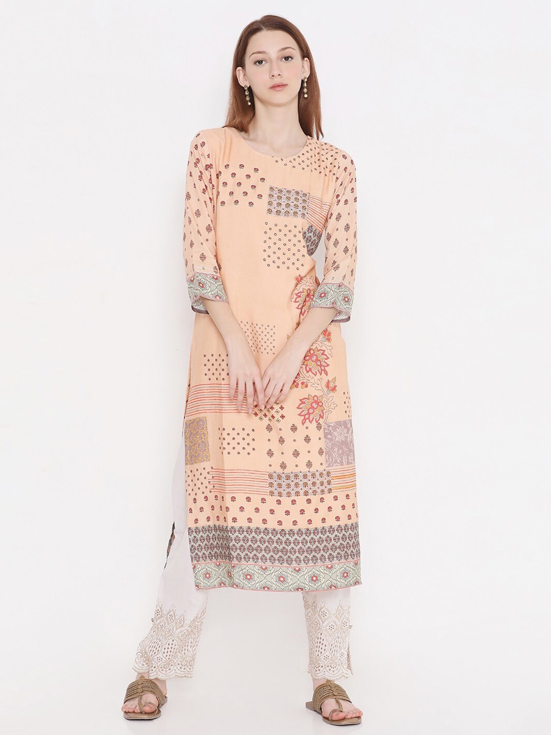 

PRESENT CREATION Ethnic Motifs Printed Cotton Straight Kurta, Beige
