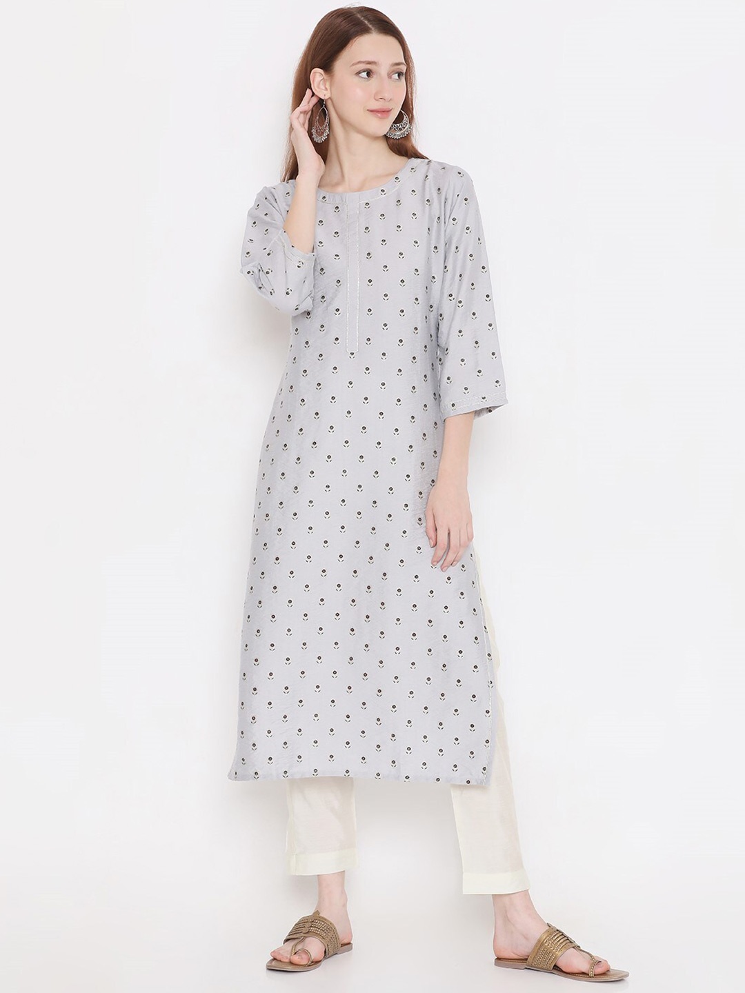

PRESENT CREATION Ethnic Motifs Printed Pure Cotton Kurta, Grey