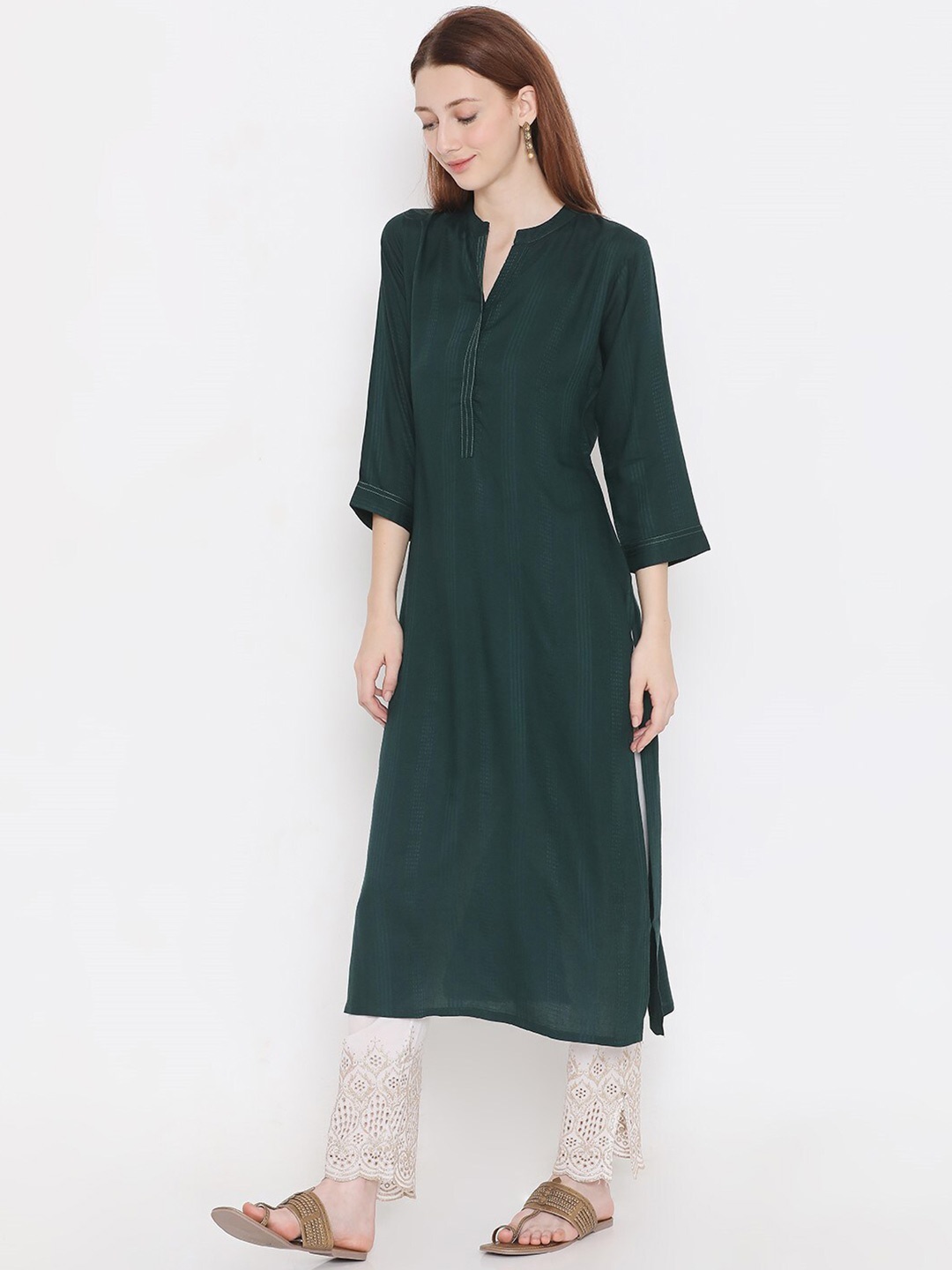 

PRESENT CREATION Striped Woven Design Cotton Kurta, Green