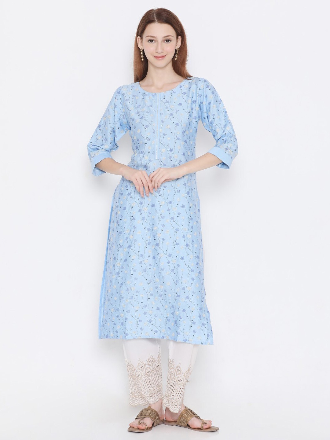 

PRESENT CREATION Floral Printed Pure Cotton Straight Kurta, Blue