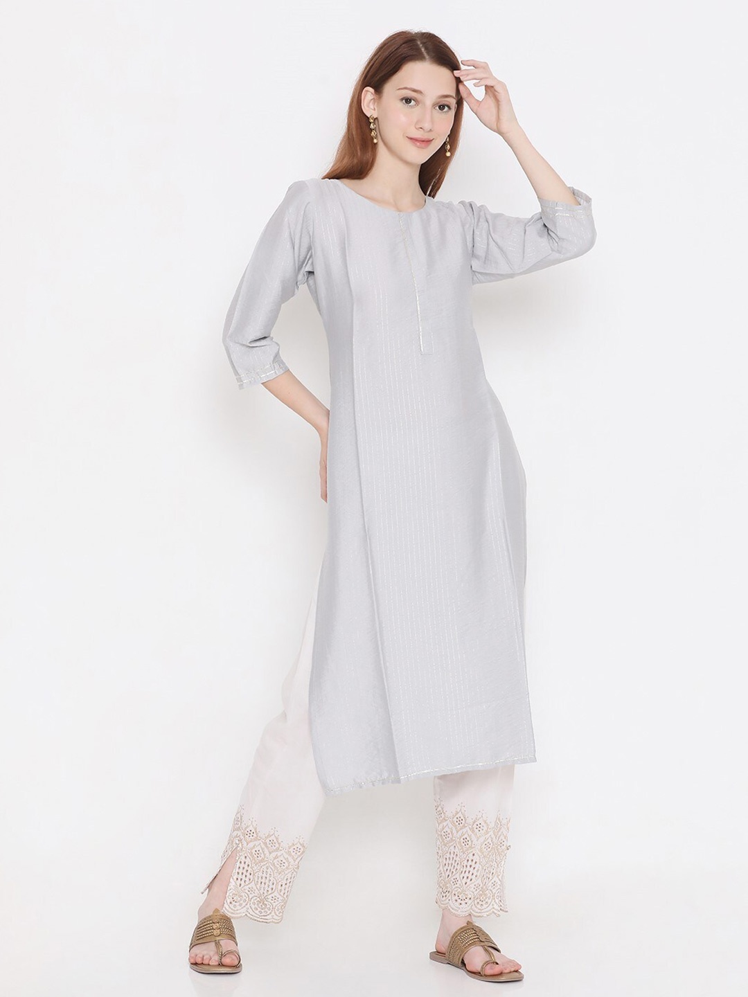 

PRESENT CREATION Striped Woven Design Cotton Kurta, Grey
