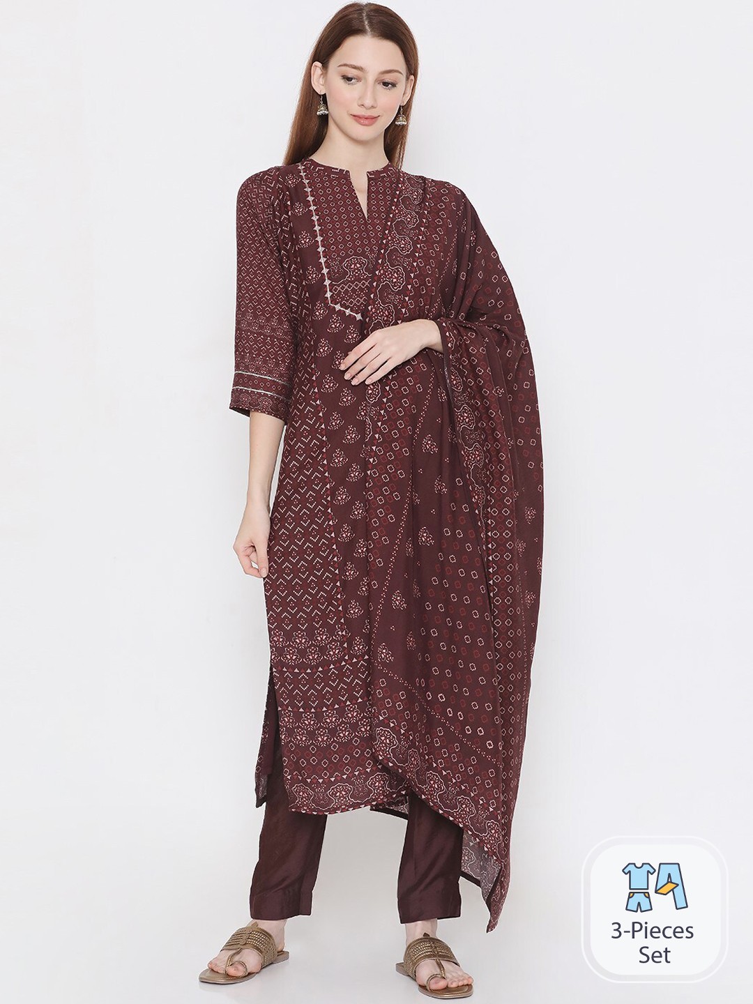 

PRESENT CREATION Ethnic Motifs Printed Pure Cotton Straight Kurta & Trousers With Dupatta, Maroon