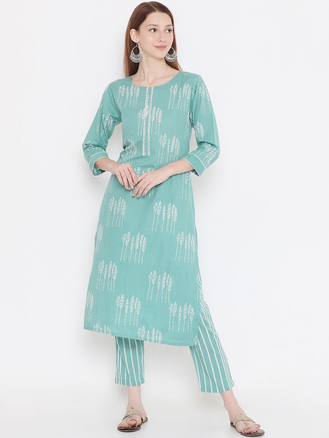 

PRESENT CREATION Ethnic Motifs Printed Pure Cotton Straight Kurta With Trousers, Sea green