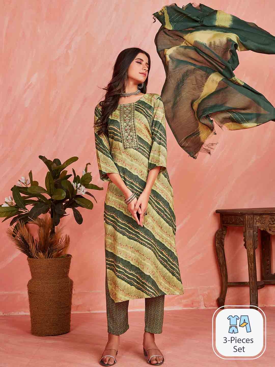 

Sangria Striped Thread Work Kurta & Trousers With Dupatta, Beige