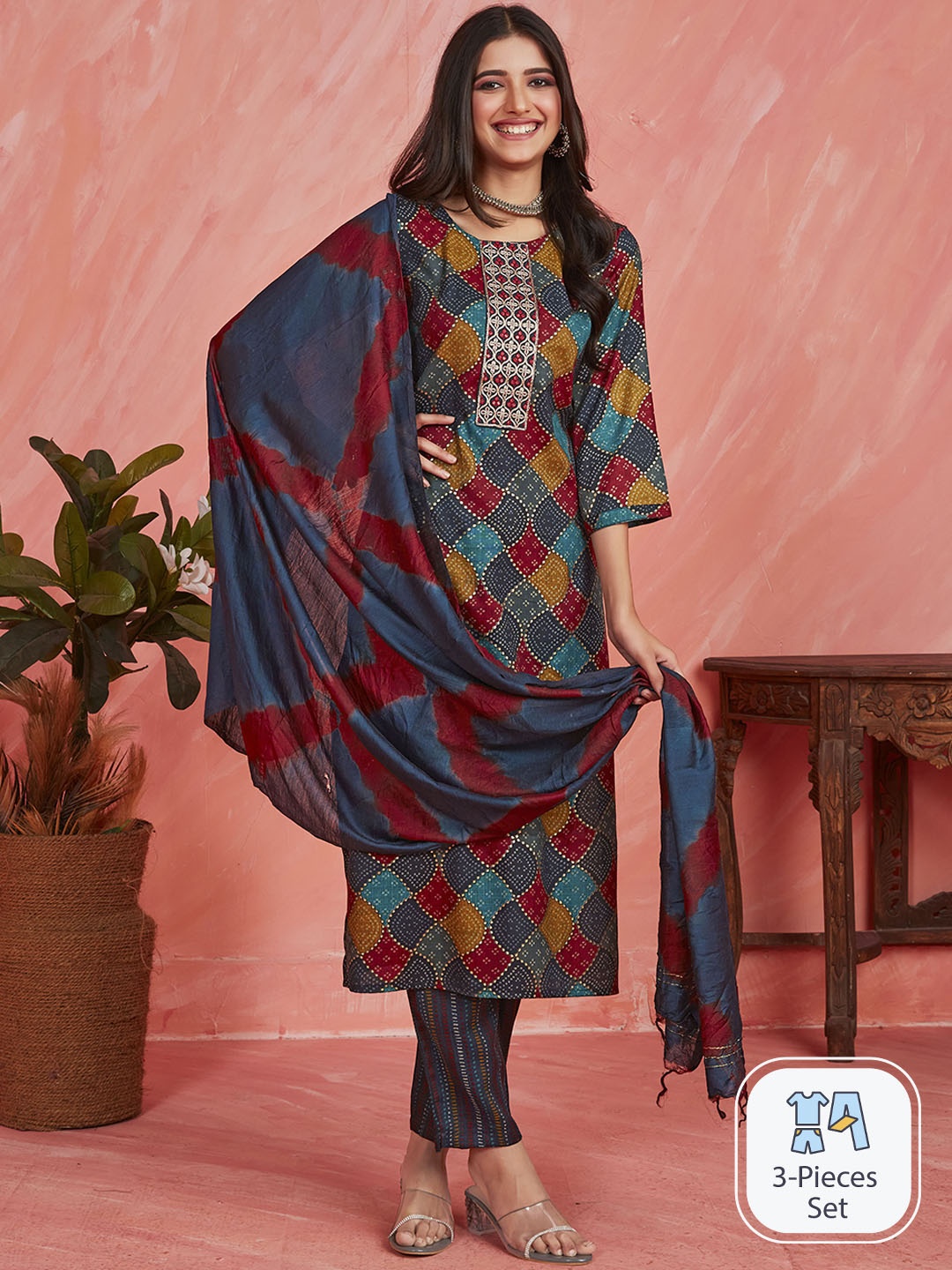 

Sangria Bandhani Printed Thread Work Regular Kurta & Trousers & Dupatta, Navy blue