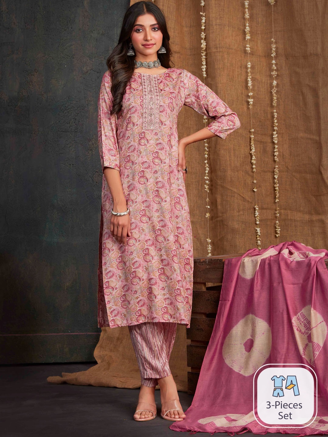 

Sangria Pink Abstract Printed Thread Work Kurta & Trousers With Dupatta