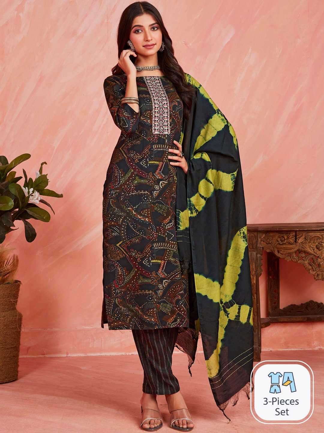 

Sangria Ethnic Motifs Printed Thread Work Regular Kurta With Trousers & Dupatta, Green