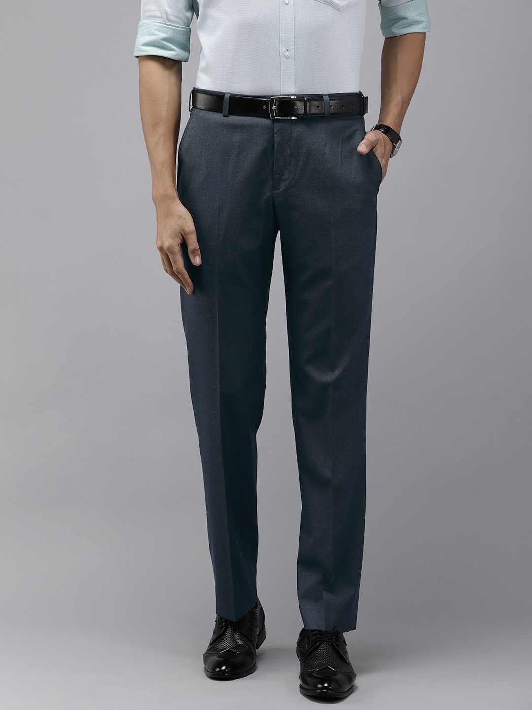 Park Avenue Men Solid Mid-Rise Formal Trouser, Blue