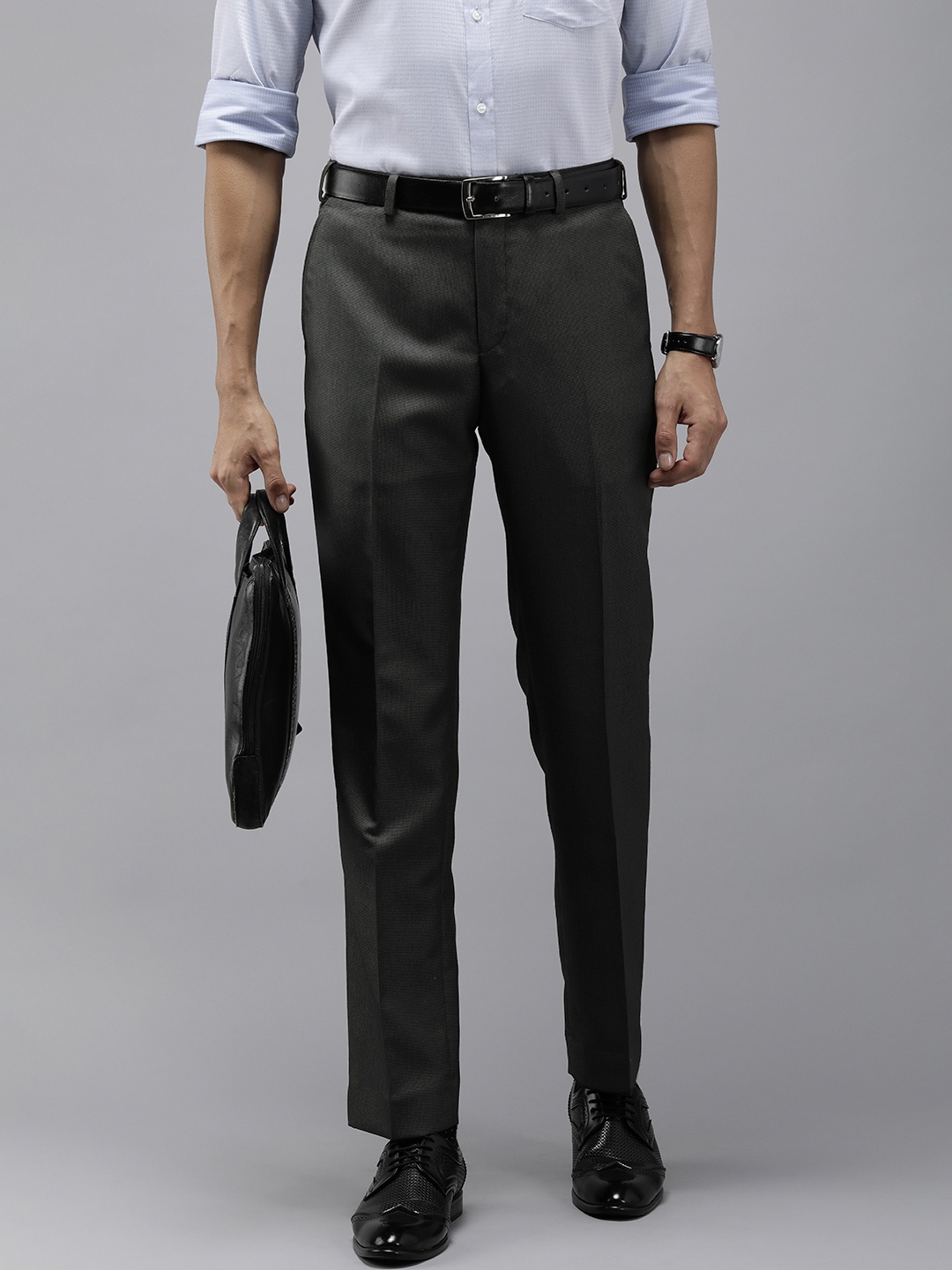 

Park Avenue Men Mid-Rise Textured Smart Trousers, Charcoal