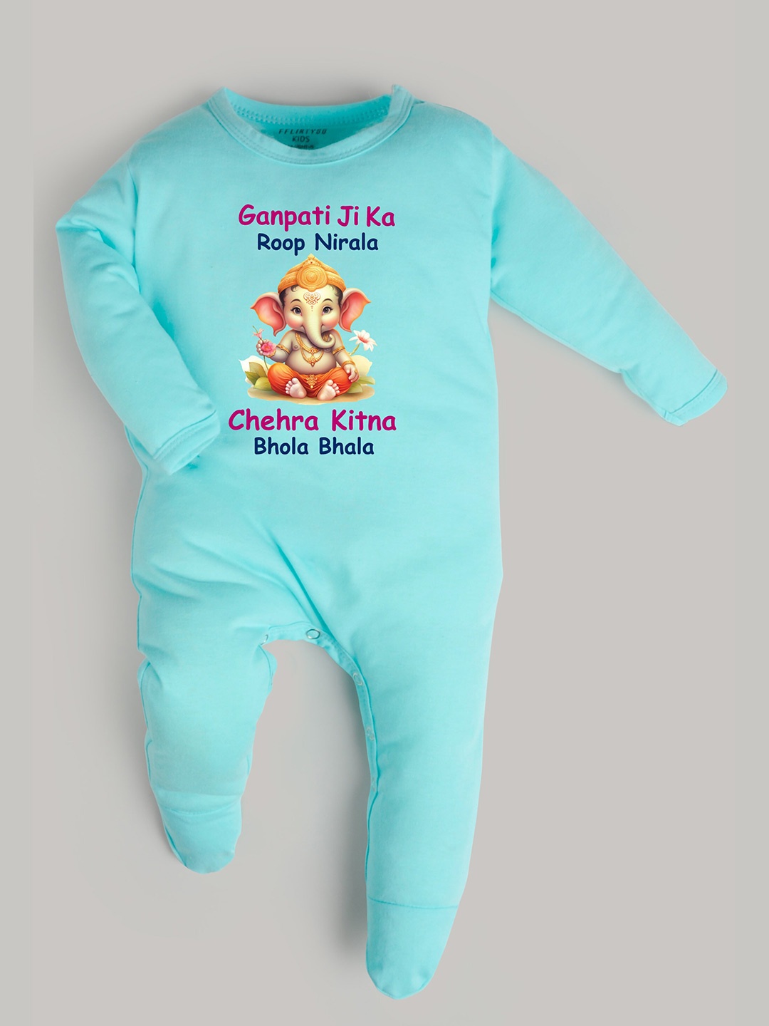 

FFLIRTYGO Infant Ganesh Chaturthi Special Printed Sleepsuit, Turquoise blue