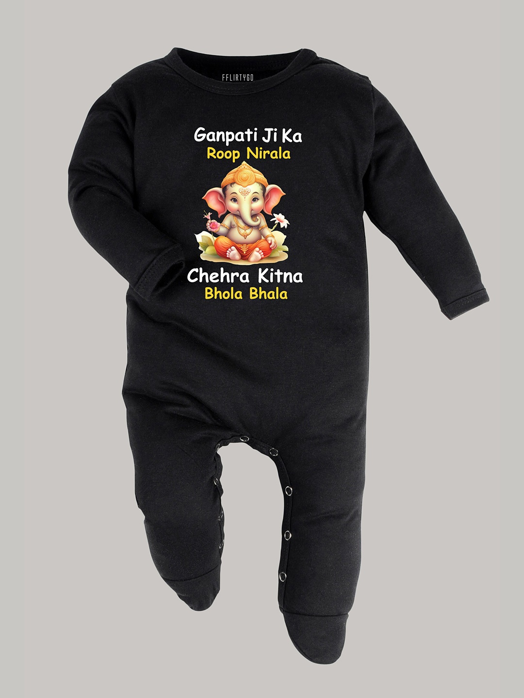 

FFLIRTYGO Infants Ganesh Chaturthi Printed Cotton Sleepsuit, Black