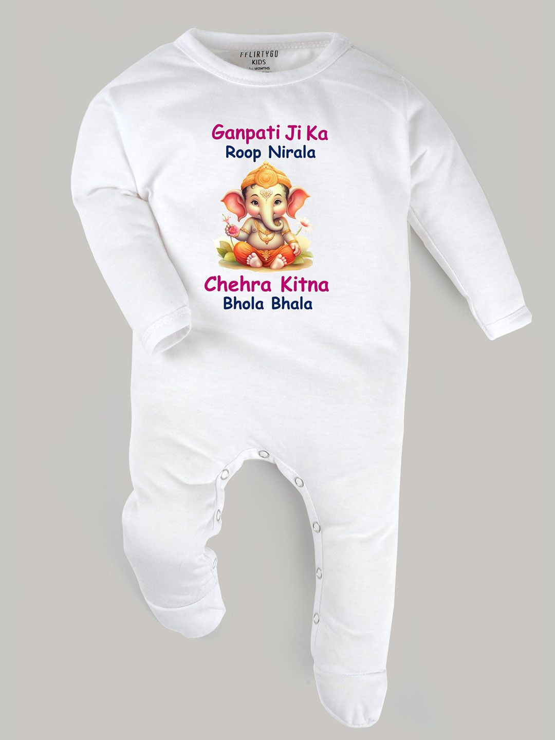 

FFLIRTYGO Infants Ganesh Chaturthi Special Pure Cotton Sleepsuits, White