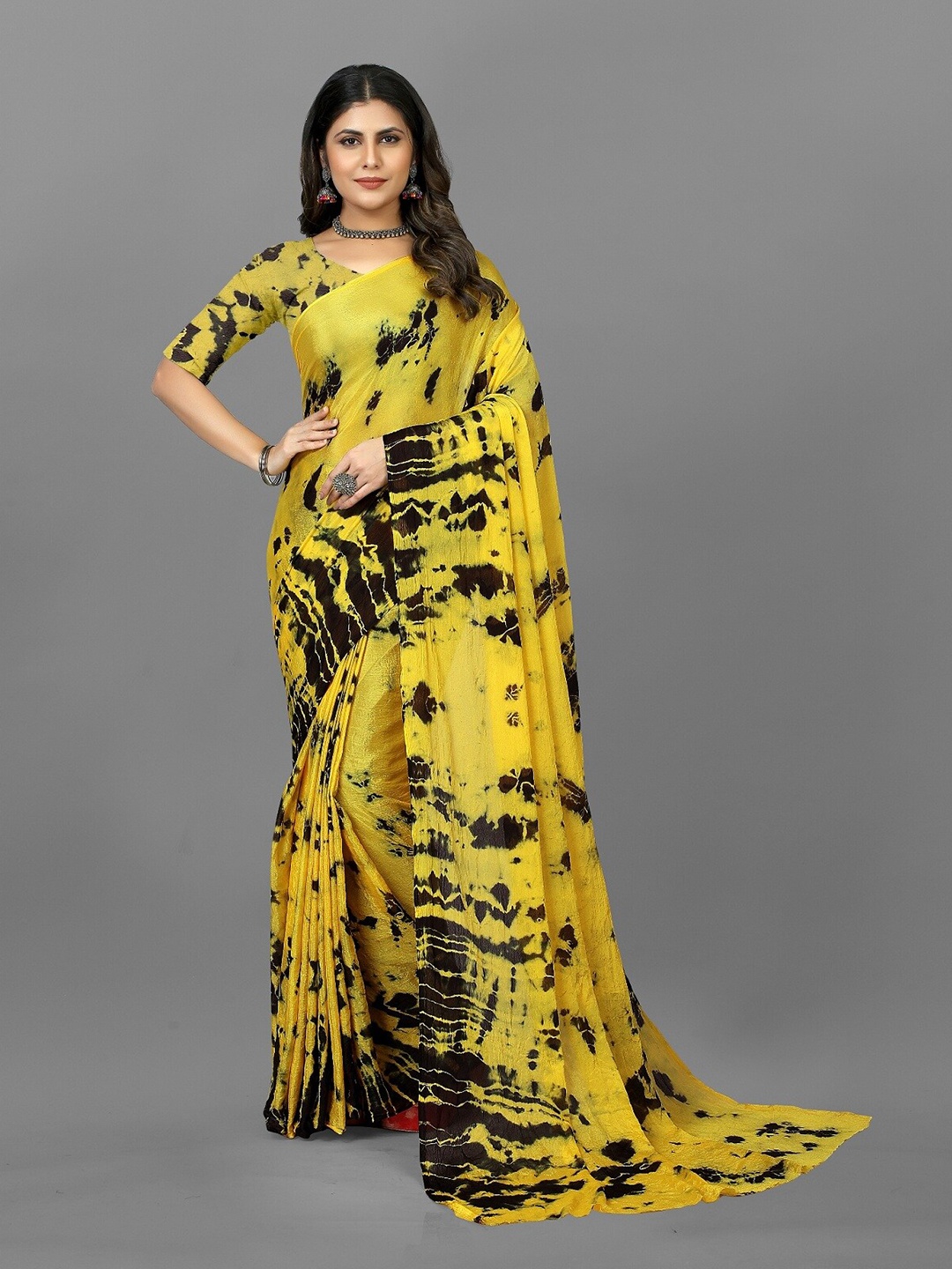 

APNISHA Tie & Dye Dyed Pure Chiffon Leheriya Saree, Yellow