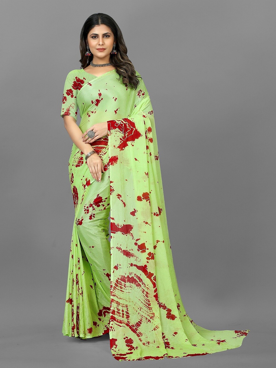 

APNISHA Tie & Dye Dyed Pure Chiffon Leheriya Saree, Lime green