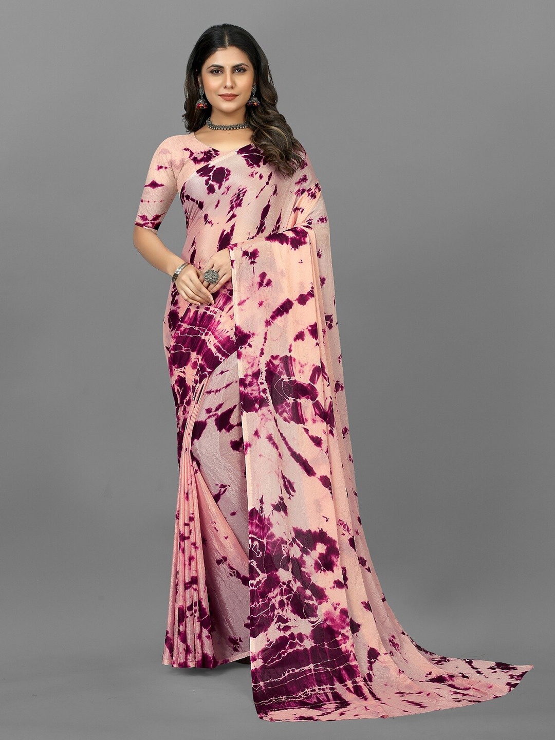 

APNISHA Tie & Dye Dyed Pure Chiffon Leheriya Saree, Peach