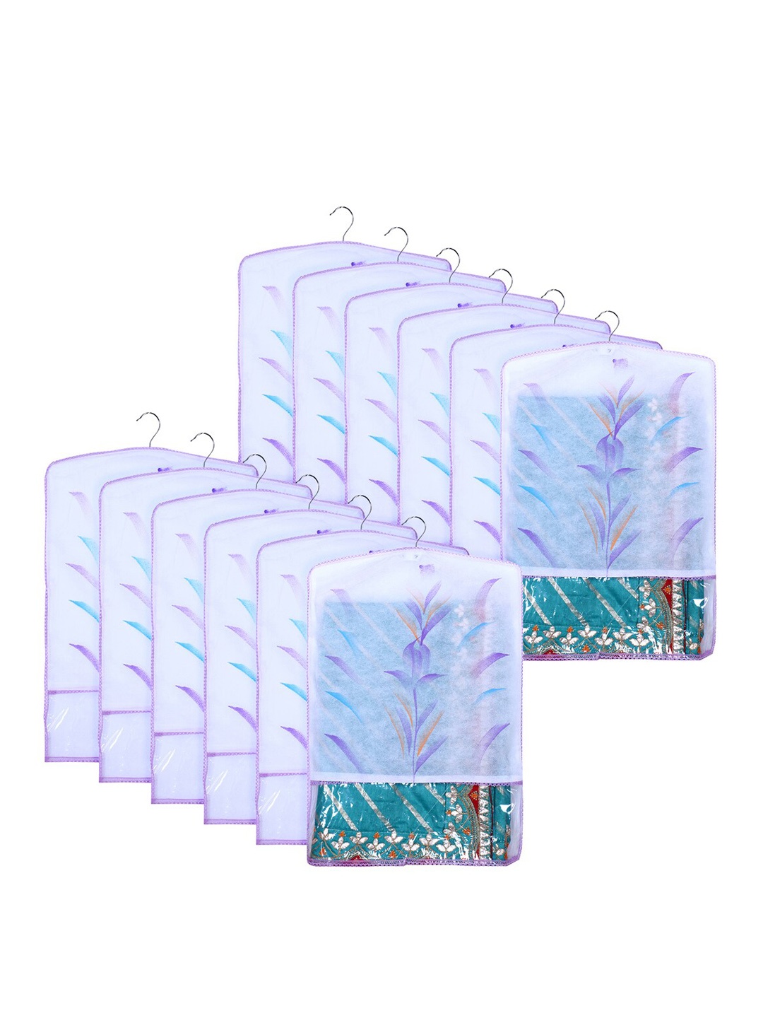 

Kuber Industries Purple & Transparent 12 Pieces Printed Hanging Saree Cover Organizers