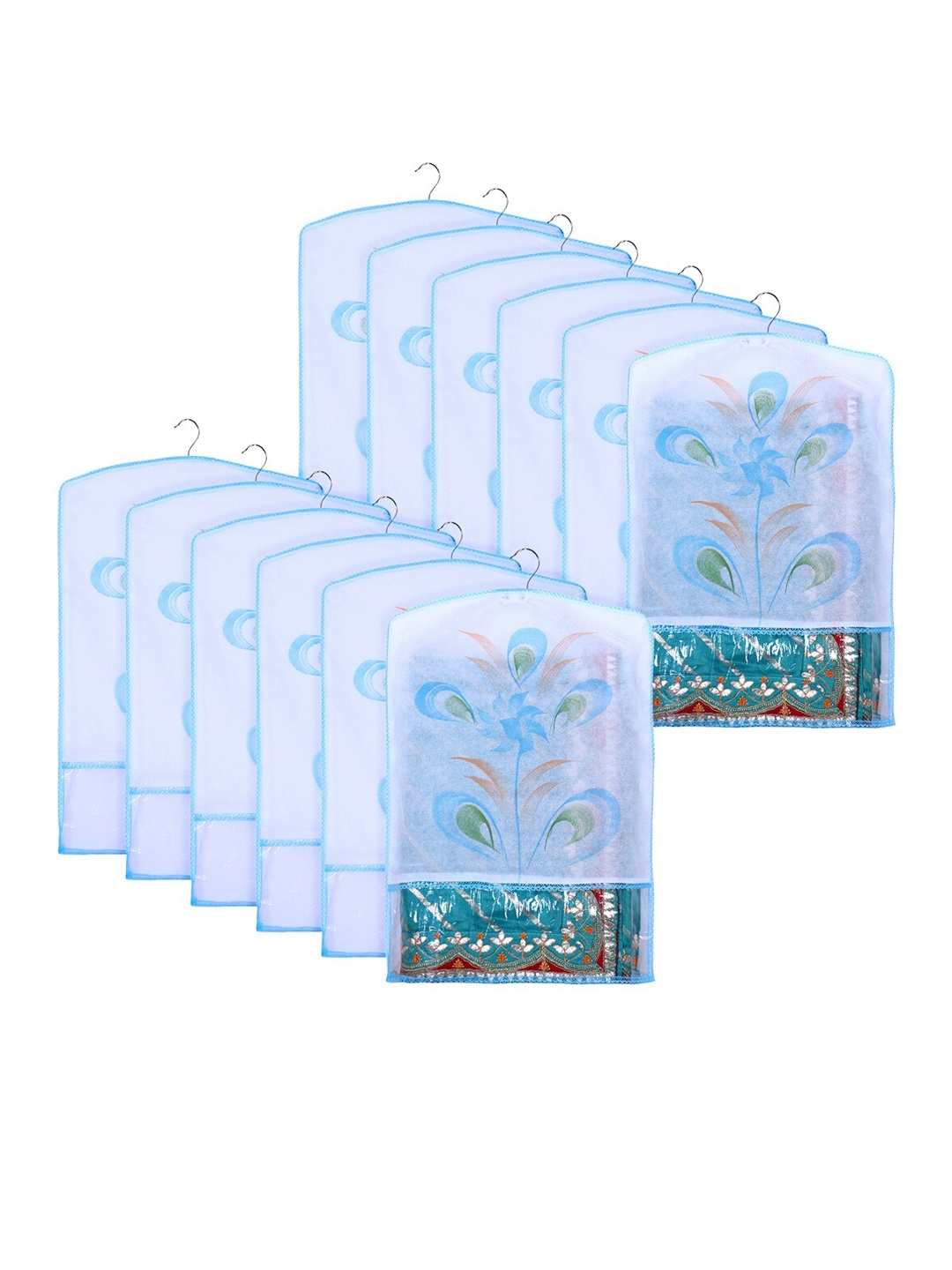 

Kuber Industries Blue & Transparent 12 Pieces Printed Hanging Saree Cover Organizers