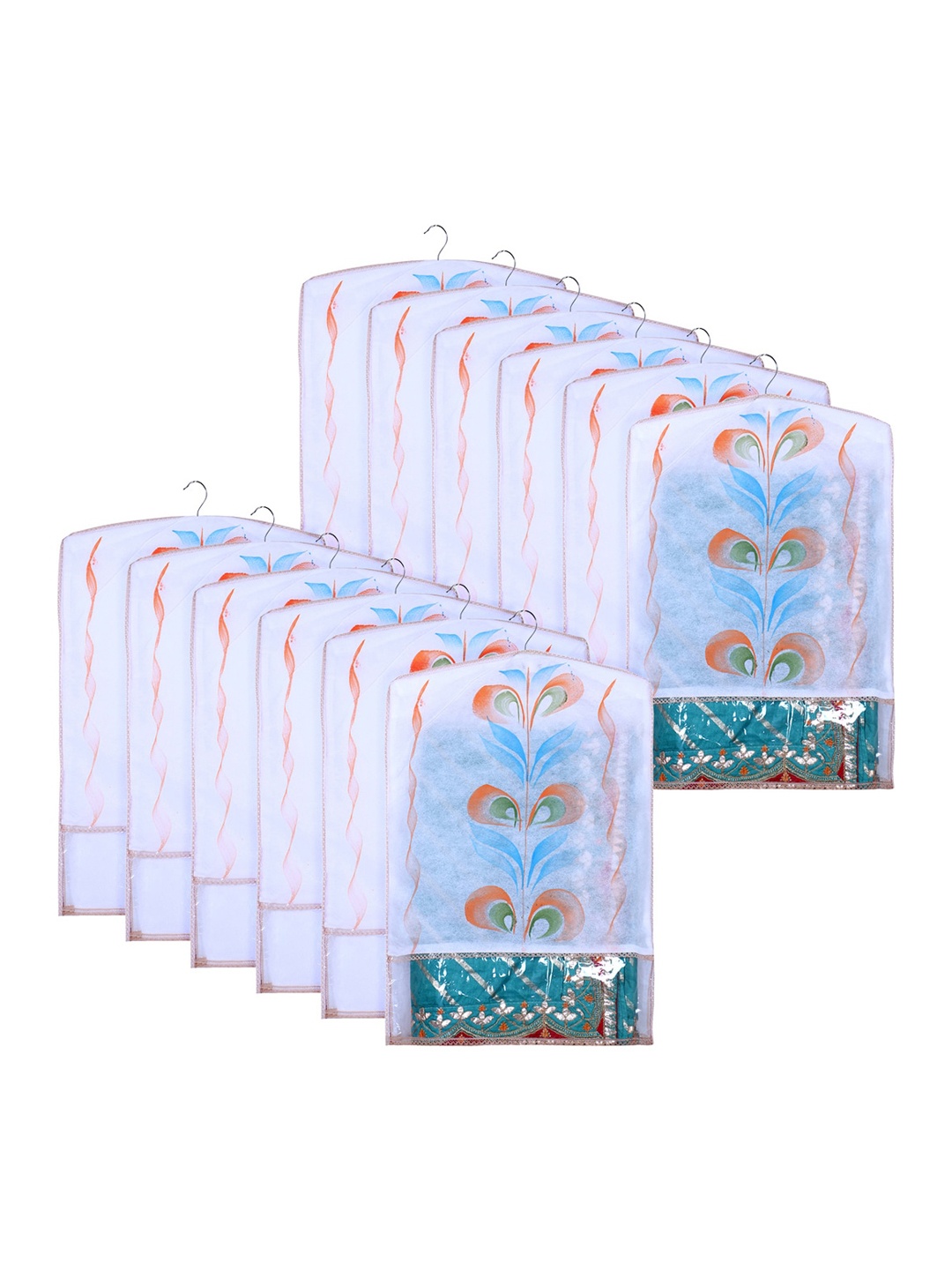 

Kuber Industries Peach colored & Transparent 12 Pieces Printed Hanging Saree Organizers