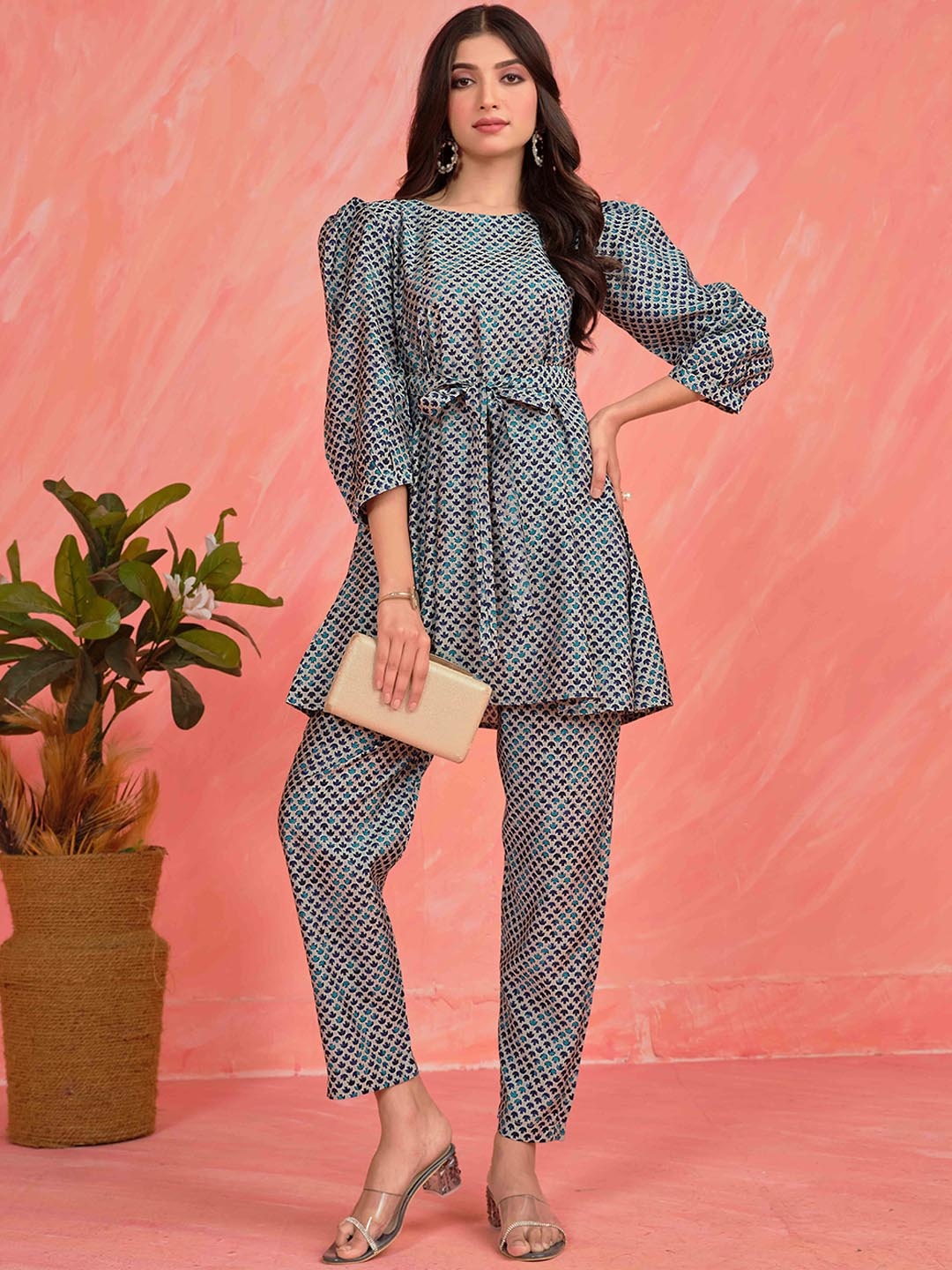 

Sangria Grey & Navy Blue Ethnic Motifs Printed Kurti With Trousers