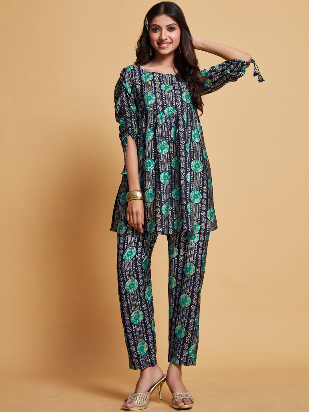 

Sangria Navy Blue Ethnic Motifs Printed A-Line Kurti With Trousers