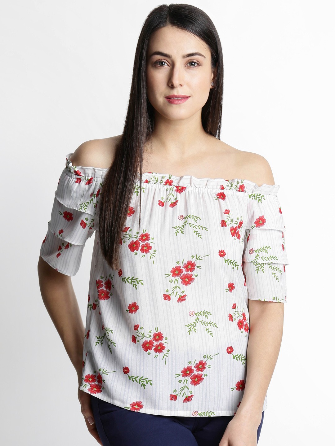 

Honey by Pantaloons Women White Floral Print Bardot Top