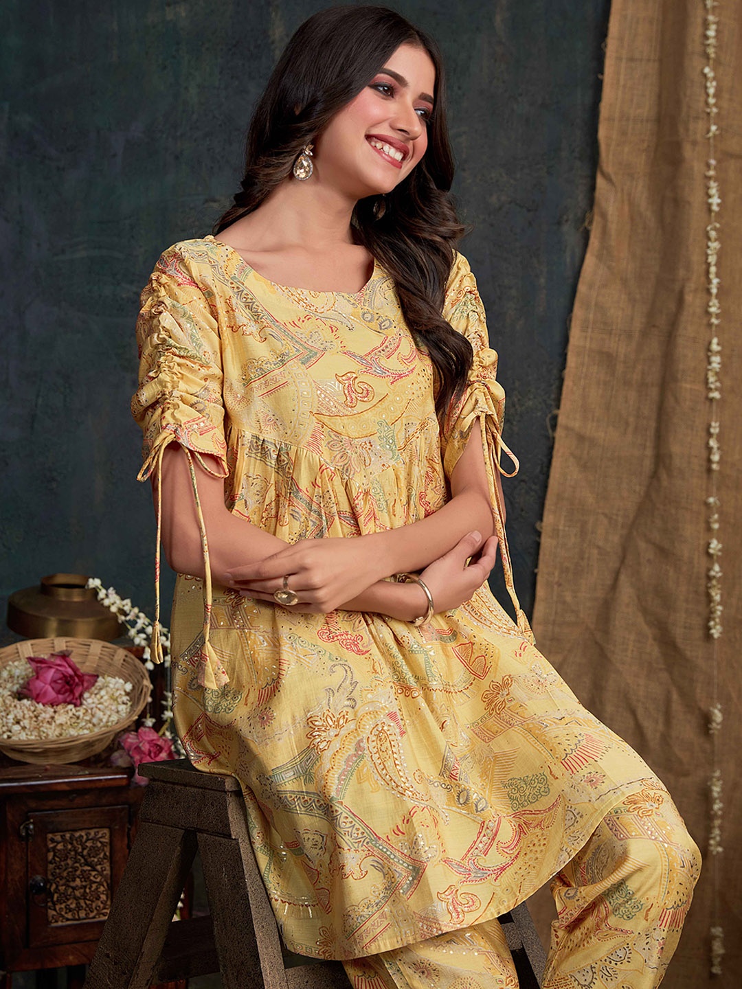 

Sangria Yellow Ethnic Motifs Printed Tunic With Trousers
