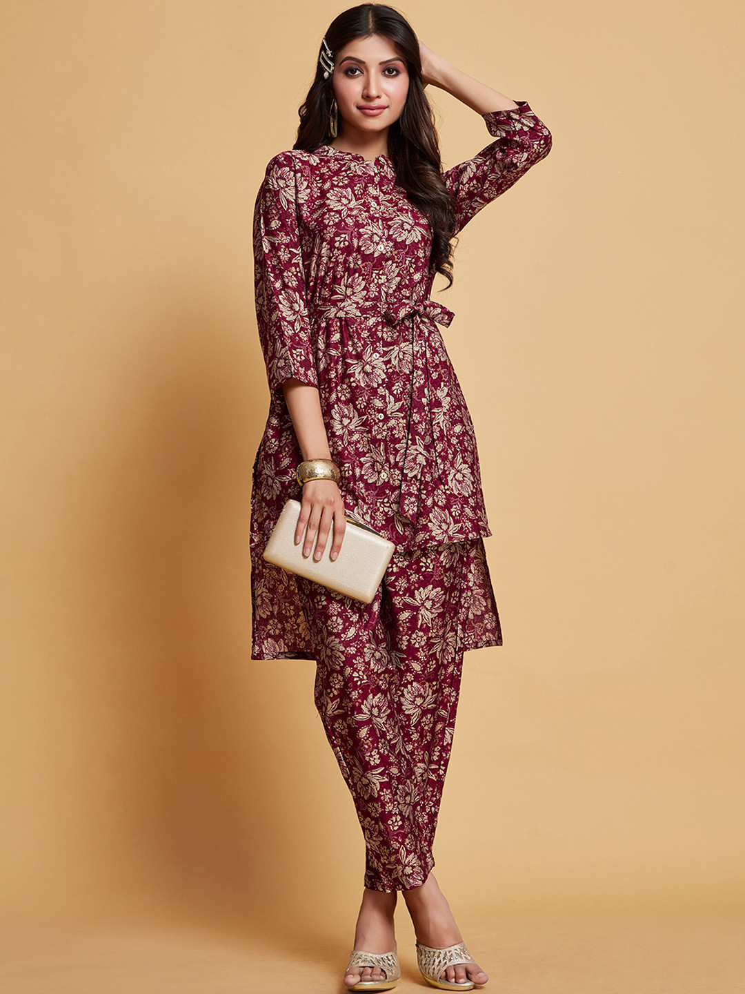 

Sangria Maroon & Beige Floral Printed Kurti With Trousers