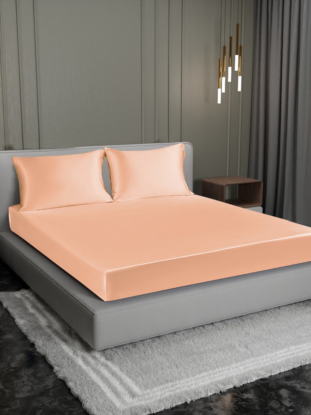 

Cloth Fusion Peach Satin 300 TC King Fitted Bedsheet With 2 Pillow Covers