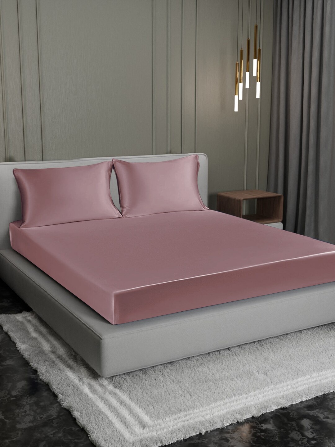 

Cloth Fusion Rose Gold Satin 300 TC King Fitted Bedsheet With 2 Pillow Covers