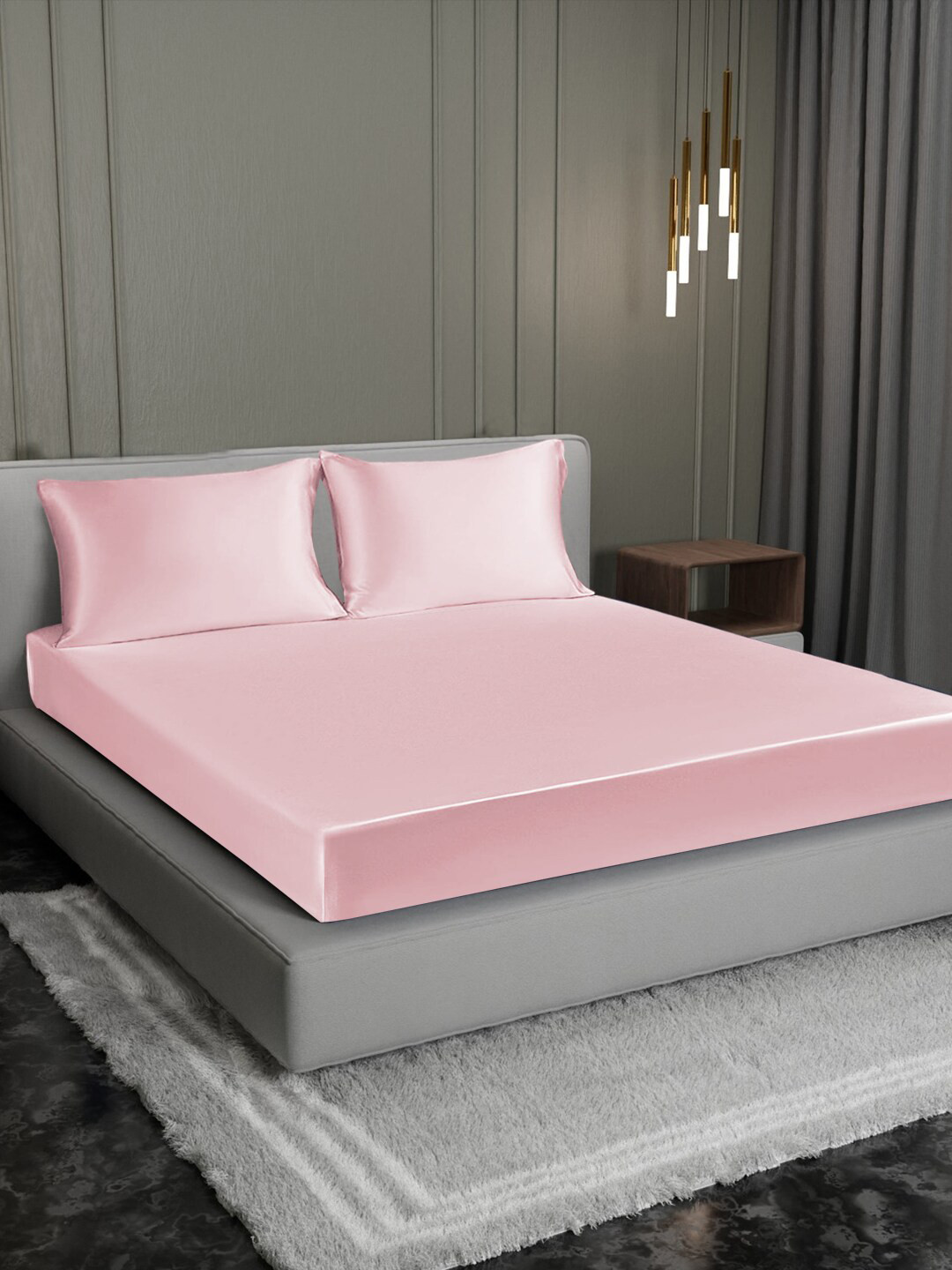 

Cloth Fusion Pink Satin 300 TC King Fitted Bedsheet With 2 Pillow Covers