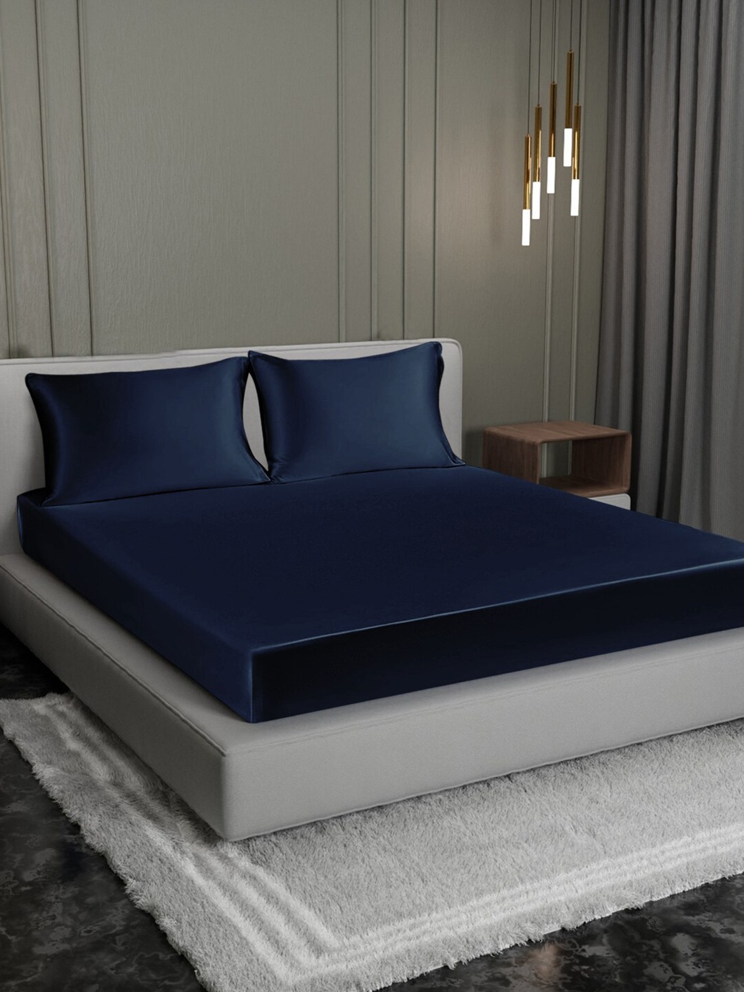 

Cloth Fusion Navy Blue Satin 300 TC King Fitted Bedsheet With 2 Pillow Covers