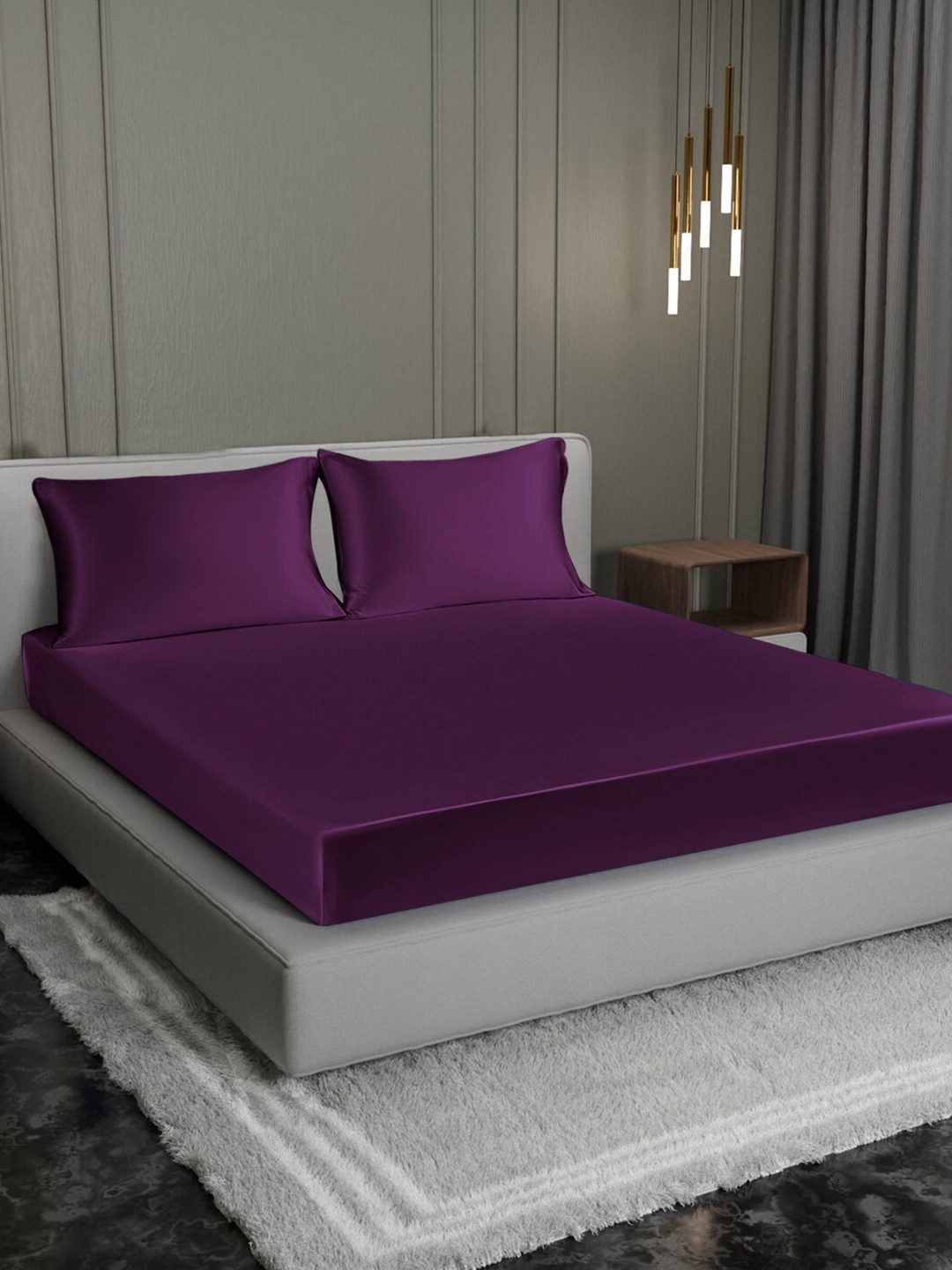 

Cloth Fusion Purple Satin 300 TC King Fitted Bedsheet With 2 Pillow Covers