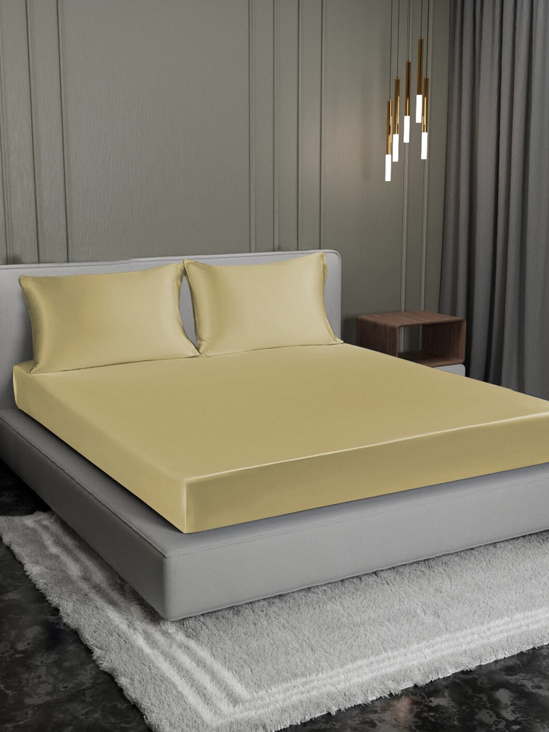 

Cloth Fusion Beige Satin 300 TC King Fitted Bedsheet With 2 Pillow Covers