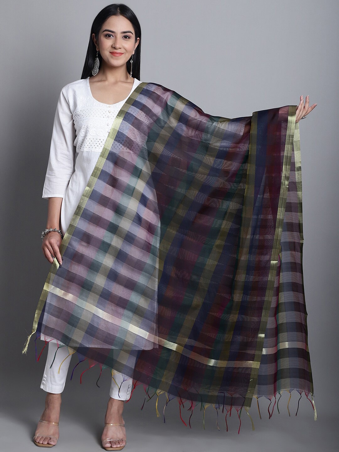 

LOOM LEGACY Striped Tasselled Dupatta, Navy blue