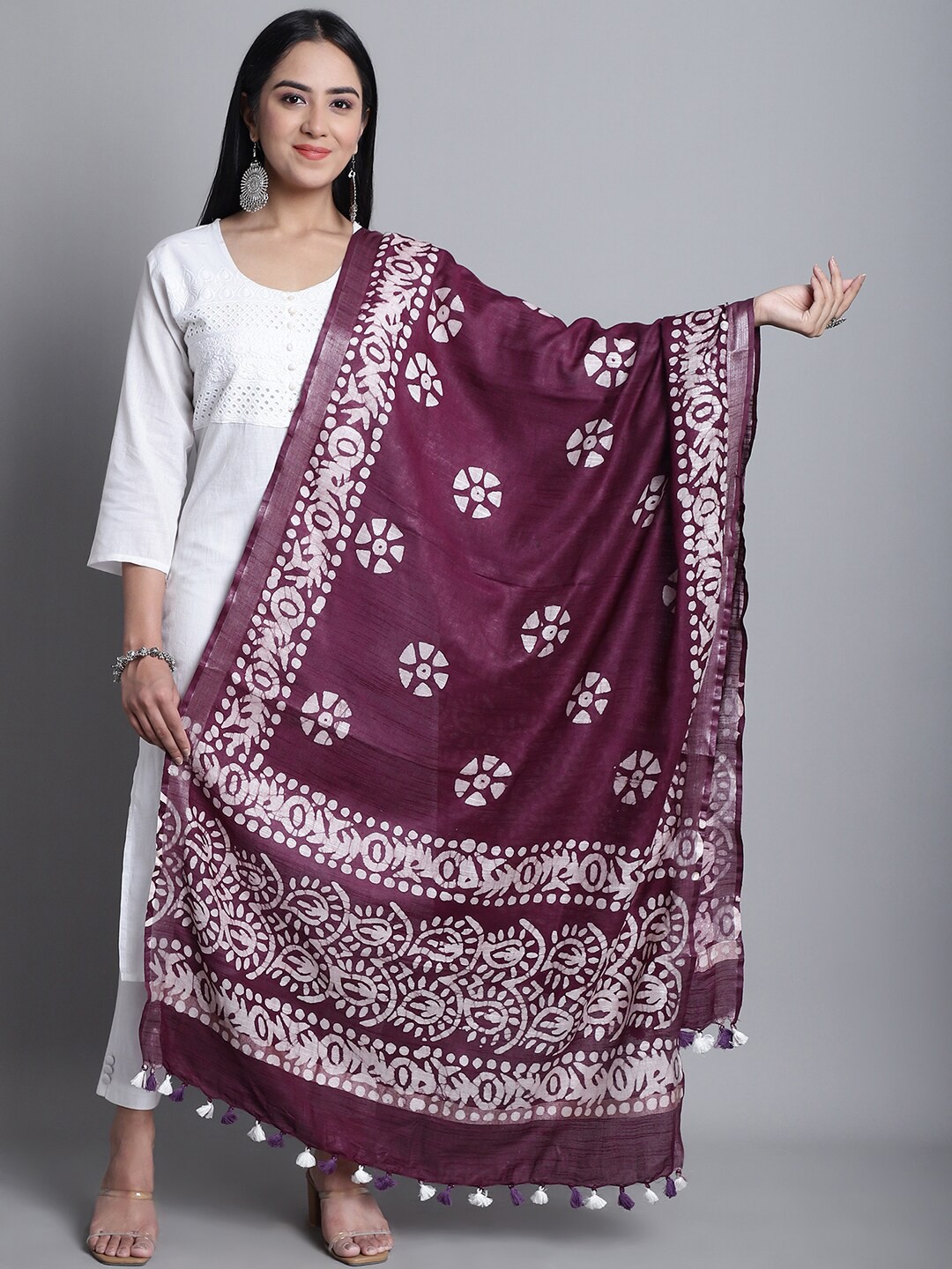 

LOOM LEGACY Ethnic Motifs Printed Cotton Silk Dupatta, Purple