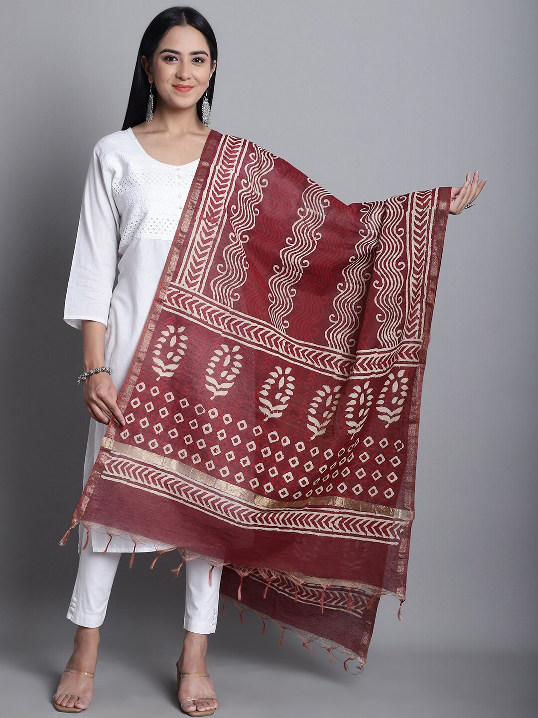 

LOOM LEGACY Ethnic Motifs Printed Cotton Silk Dupatta, Maroon