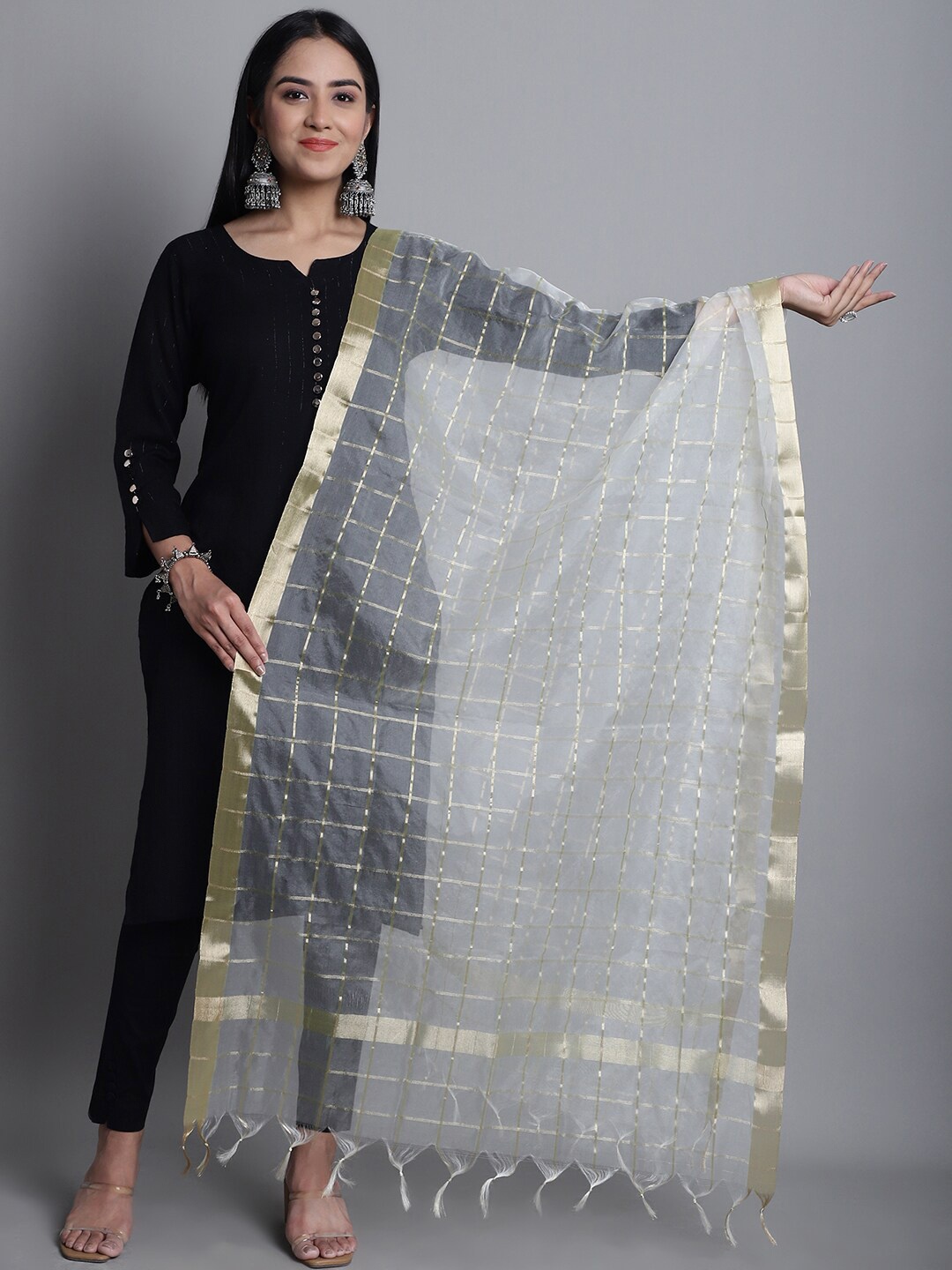 

LOOM LEGACY Striped Woven Design Cotton Silk Dupatta, Off white