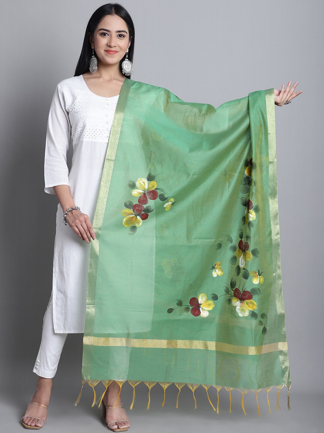 

LOOM LEGACY Floral Printed Cotton Silk Dupatta, Green
