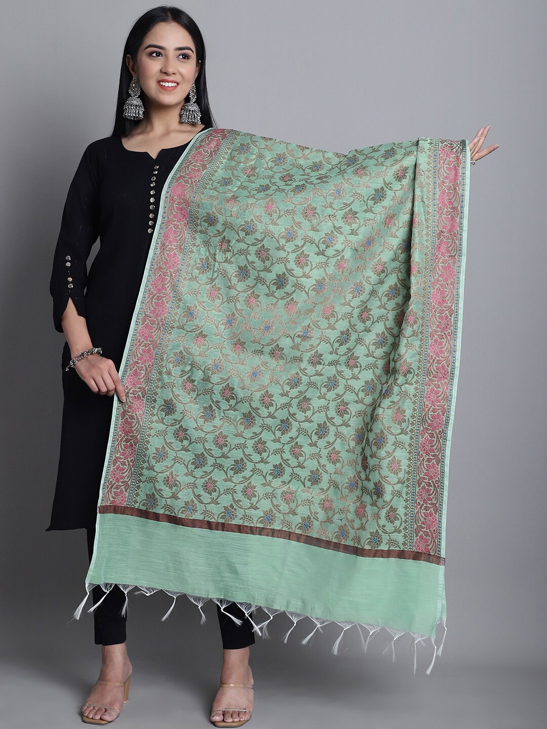 

LOOM LEGACY Floral Woven Design Cotton Silk Dupatta, Green