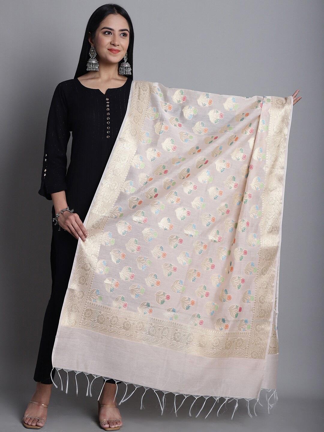 

LOOM LEGACY Floral Woven Design Cotton Silk Zari Dupatta, Cream