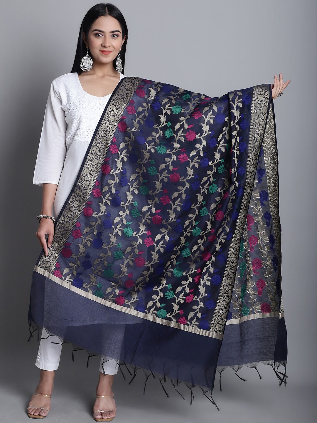 

LOOM LEGACY Floral Woven Design Cotton Silk Dupatta, Navy blue