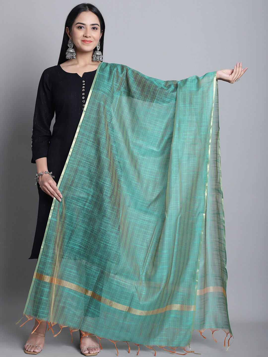 

LOOM LEGACY Striped Cotton Blend Dupatta, Green