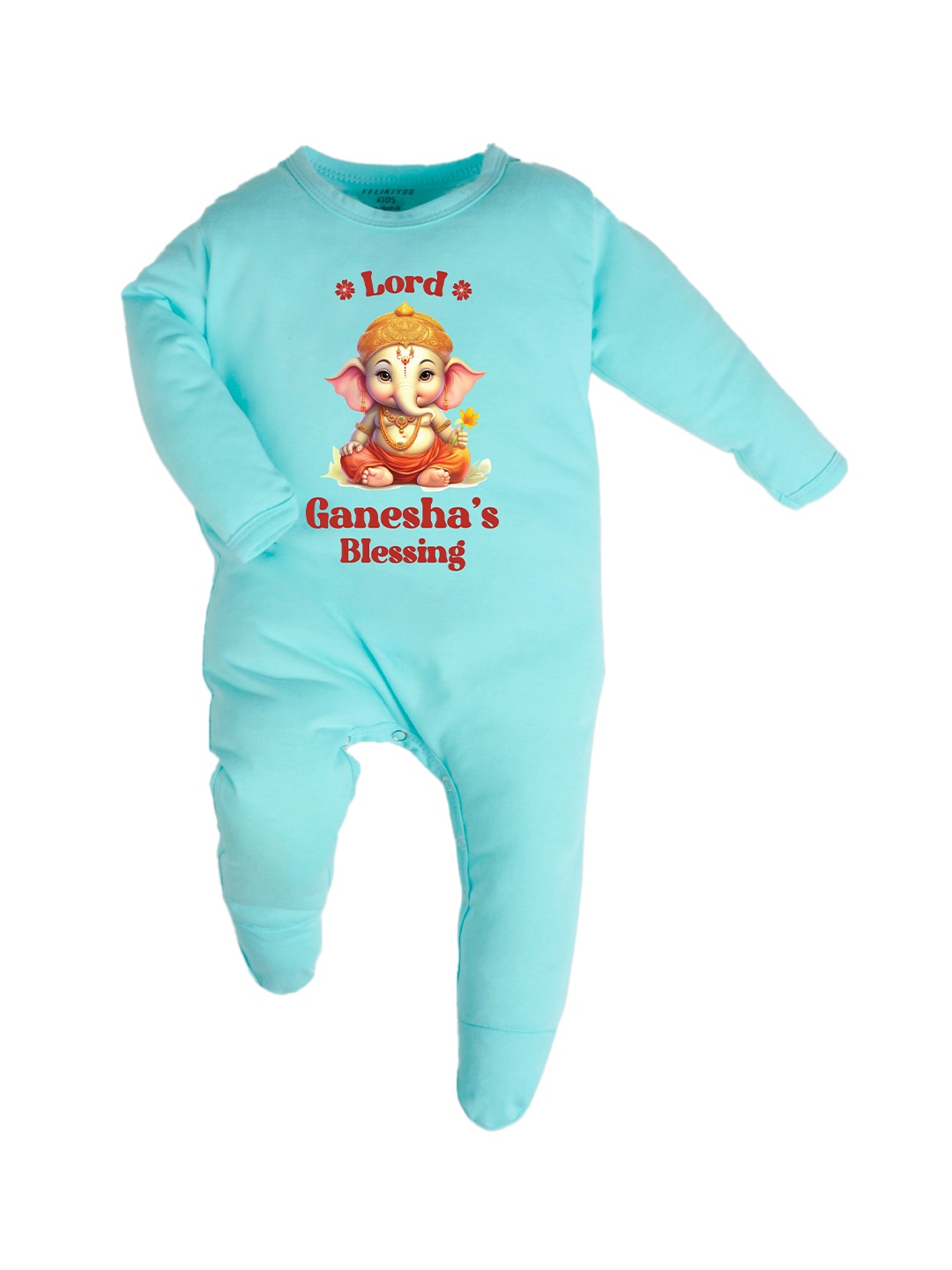 

FFLIRTYGO Infants Ganesh Chaturthi Special Extra Comfort Pure Cotton Sleepsuits, Turquoise blue