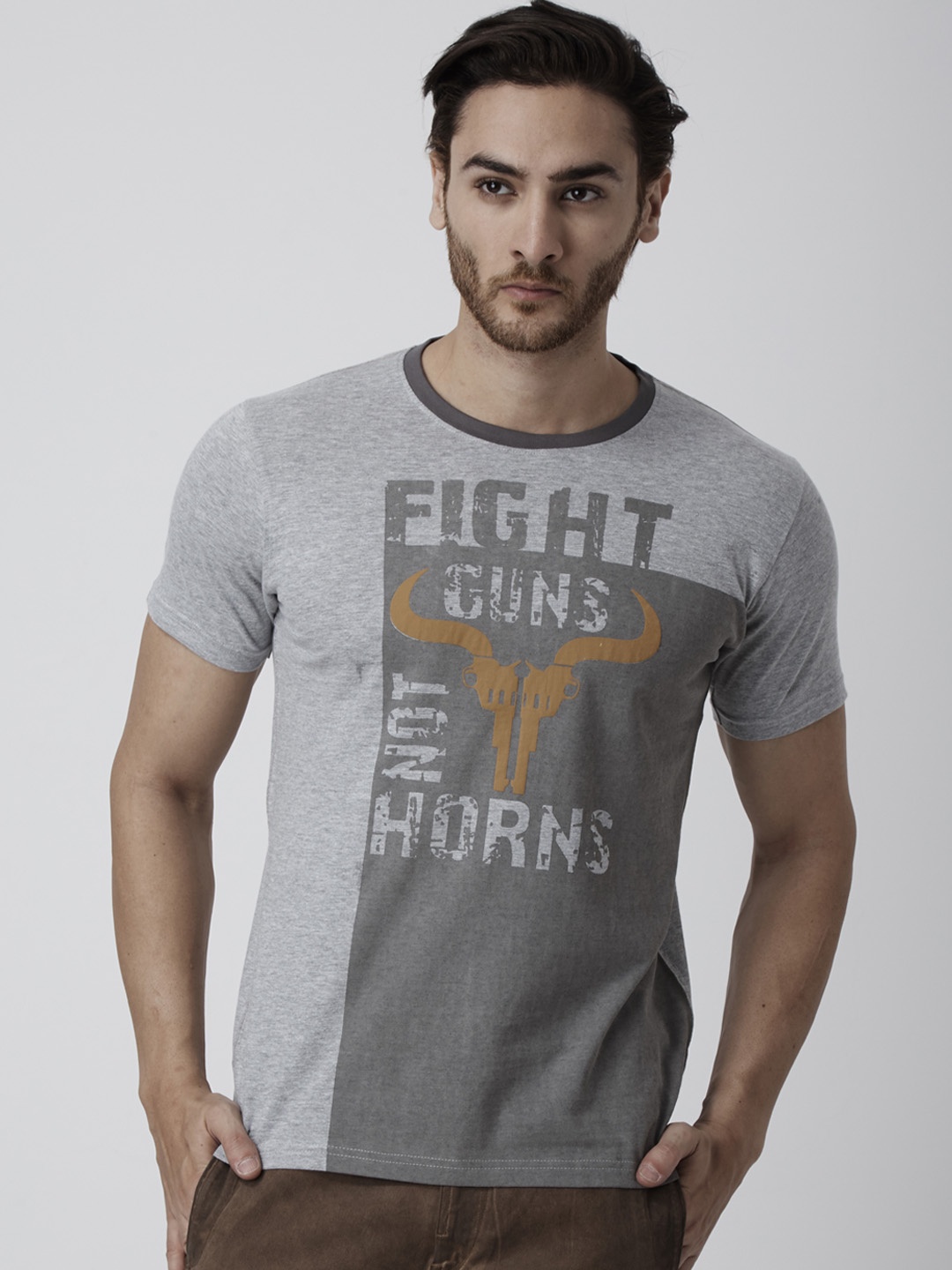 

YAK YAK Men Grey Melange Printed Round Neck T-shirt