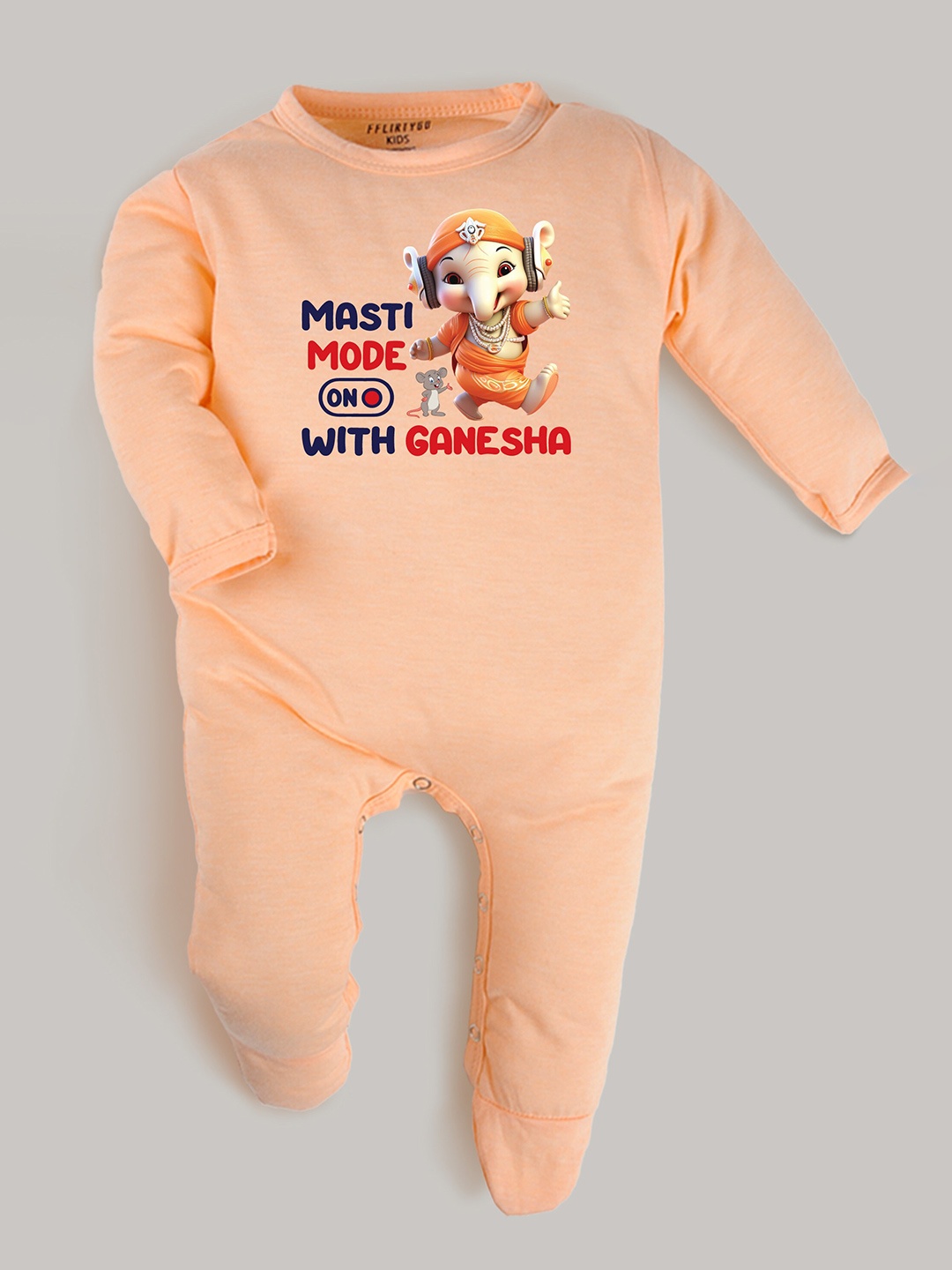 

FFLIRTYGO Infants Printed Pure Cotton Ganesh Chaturthi Special Sleepsuit, Peach