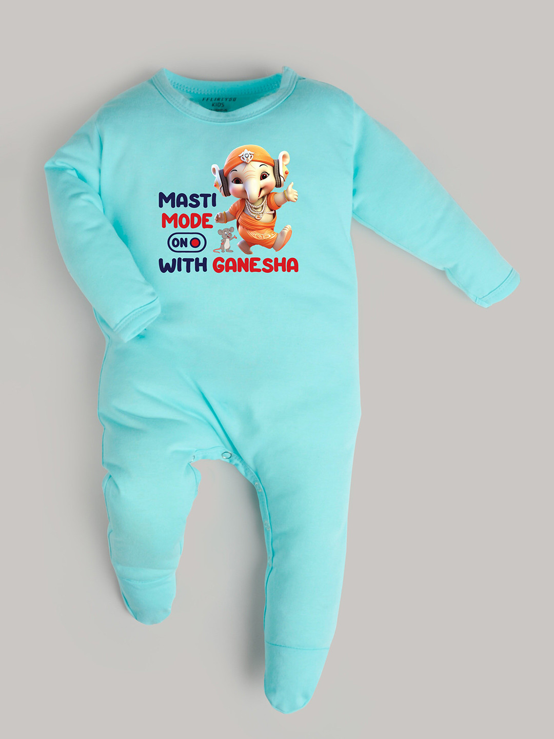 

FFLIRTYGO Infant Printed Pure Cotton Ganesh Chaturthi Special Sleepsuit, Turquoise blue
