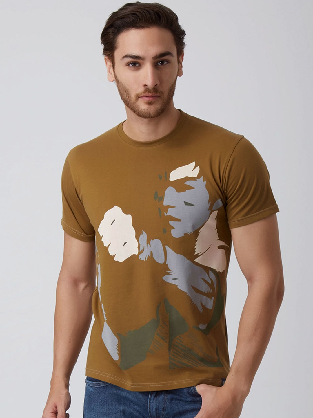 

YAK YAK Men Olive Green Printed Round Neck Slim Fit T-shirt